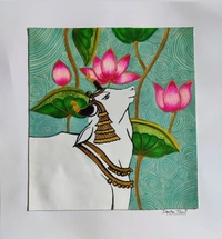 Nandi And Lotus Pichwai Painting - By Dipika Paul